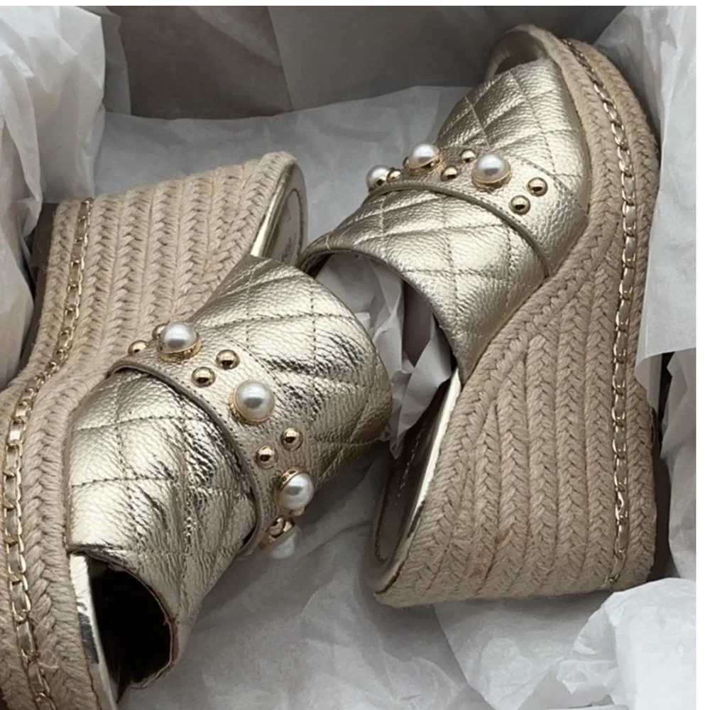 Karl Lagerfeld Paris Gold Quilted Leather Pearl Studded Espadrille Wedge 7